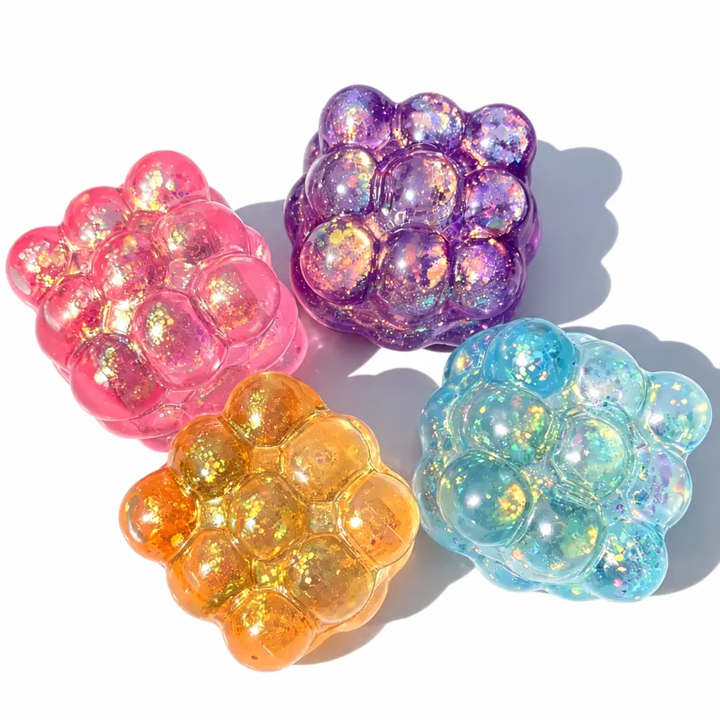 Cuatro cubos squishy translúcidos con brillo.webp