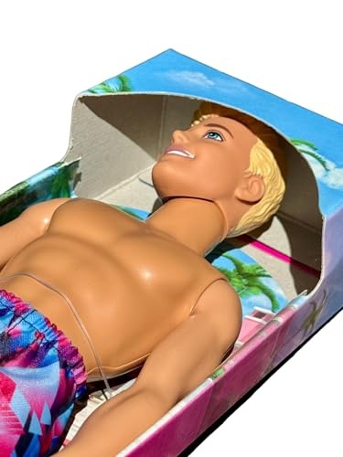 Barbie Beach Day Ken Doll with Blond Hair Wearing Purple Patterned Summer Swimsuit