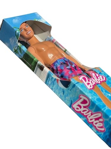 Barbie Beach Day Ken Doll with Blond Hair Wearing Purple Patterned Summer Swimsuit