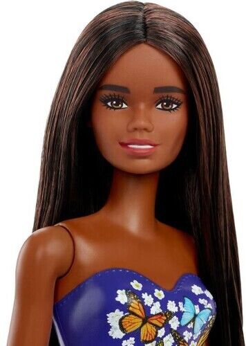 Barbie Beach Doll in Purple Butterfly Swimsuit with Straight Black Hair