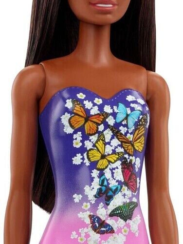 Barbie Beach Doll in Purple Butterfly Swimsuit with Straight Black Hair