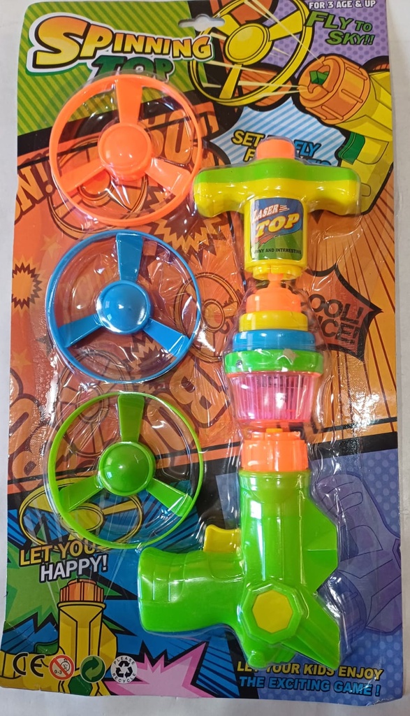 PISTOLA LANZA DISCOS + TROMPO EN BLISTER