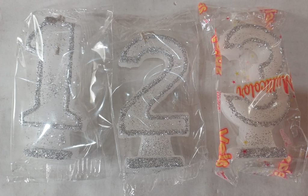 VELAS DE NUMEROS BLANCO C/GLITTER X UNIDAD (1)