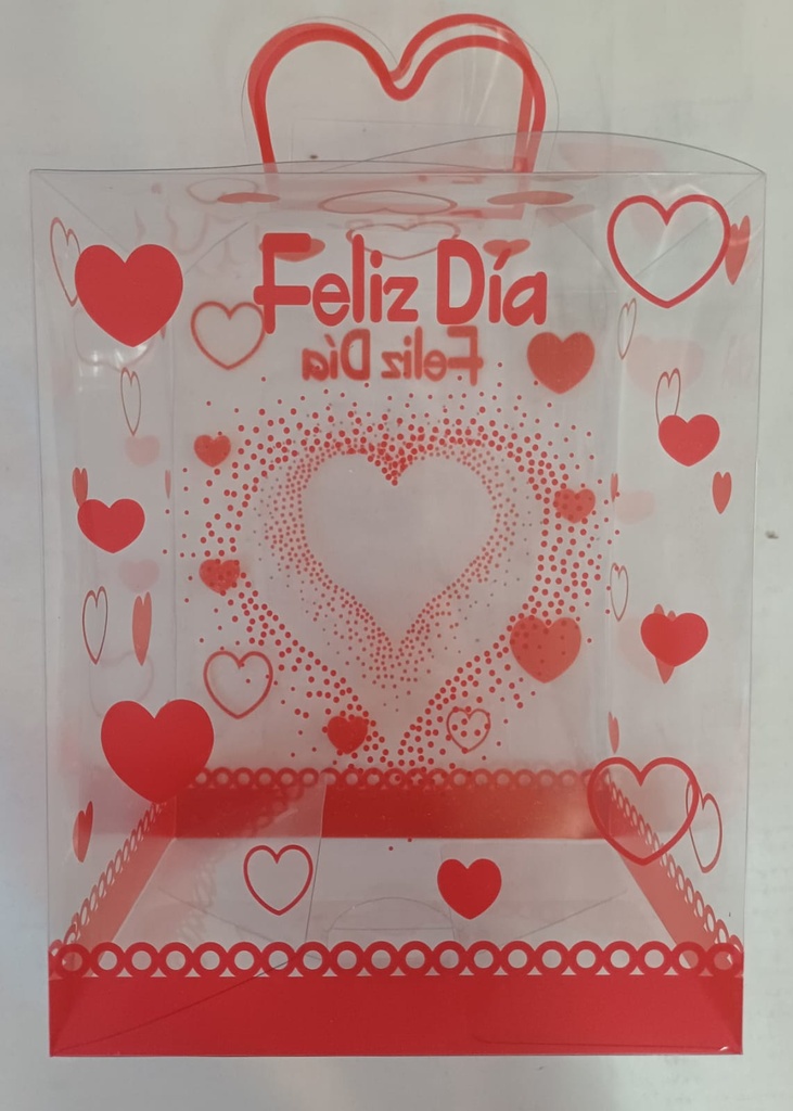 CAJA TRANSPARENTE C/FELIZ DIA Y CORAZONES 36X25X20CM GRANDE