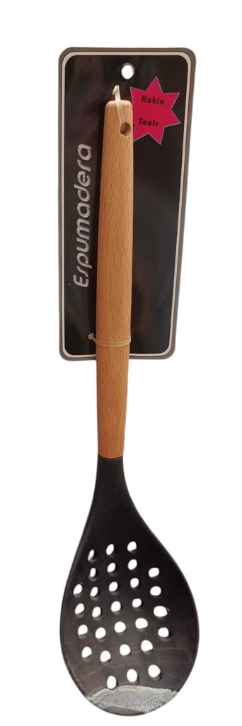 ESPUMADERA SILICONA MANGO MADERA (Negro)