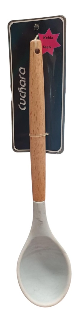 CUCHARA SILICONA MANGO MADERA (Blanco)