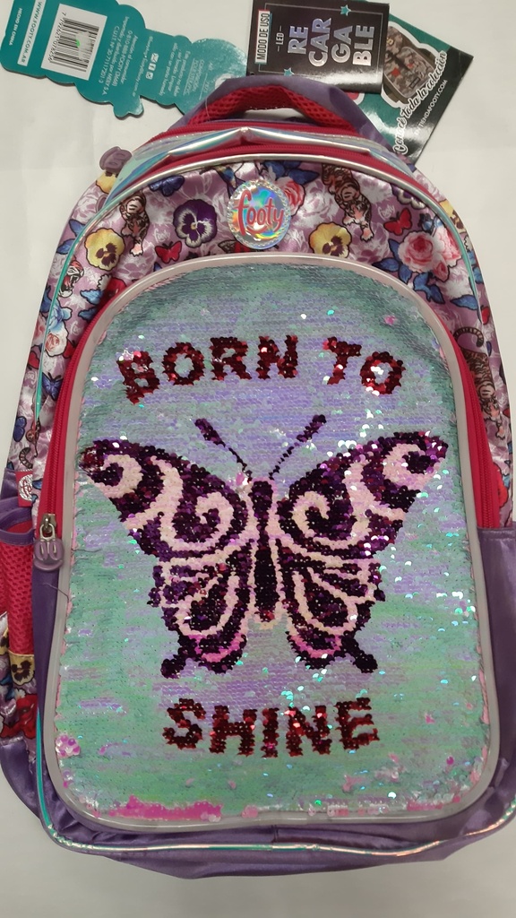 🔵Mochila Footy 18 Mariposa Lentejuela y Luz Led Recargable