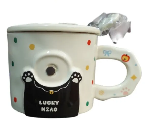 🔴TAZA DE CERÁMICA CON TAPA + CUCHARA LUCKY MIAO