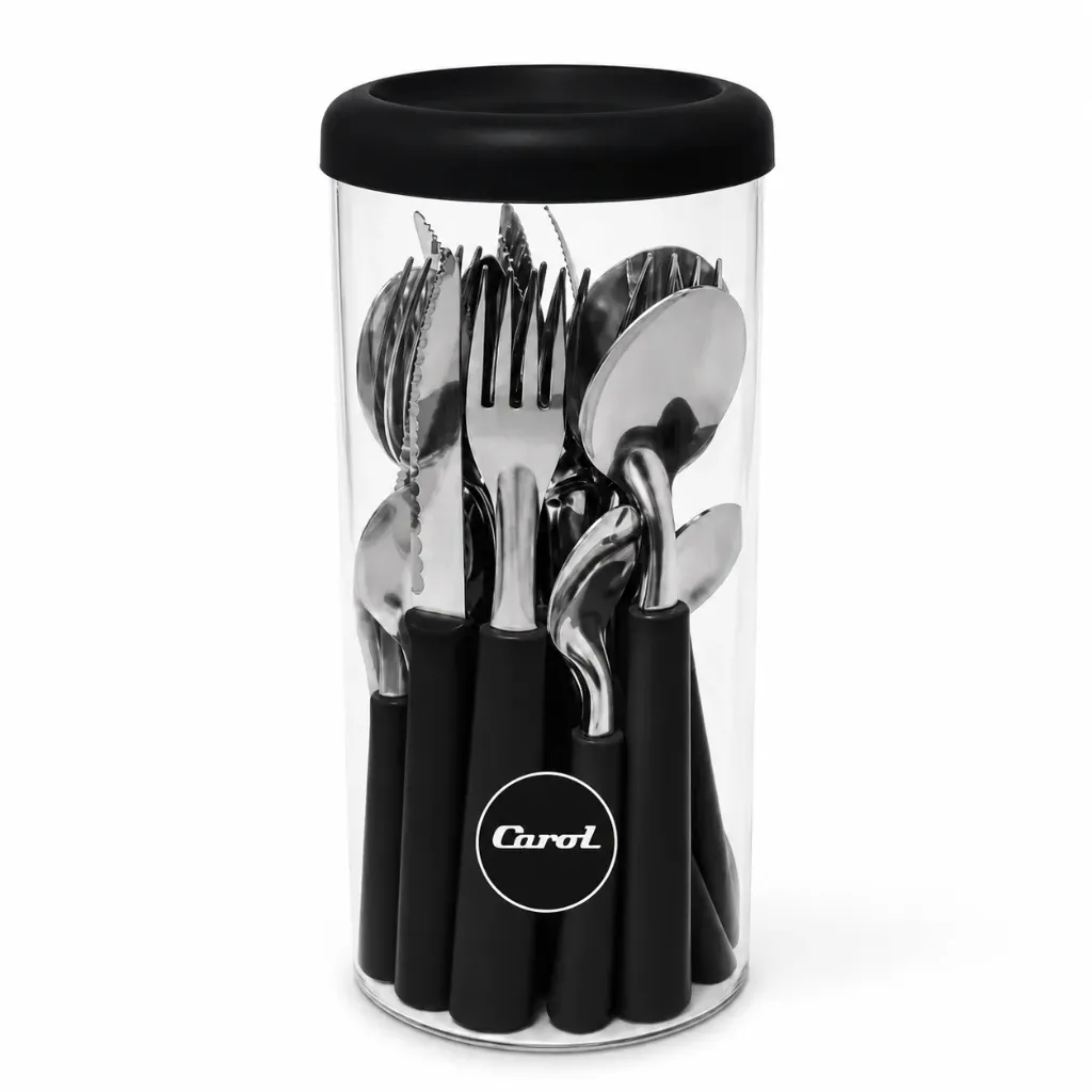 🔴Juego de cubiertos Carol de acero inoxidable x24 con frasco organizador (Negro)