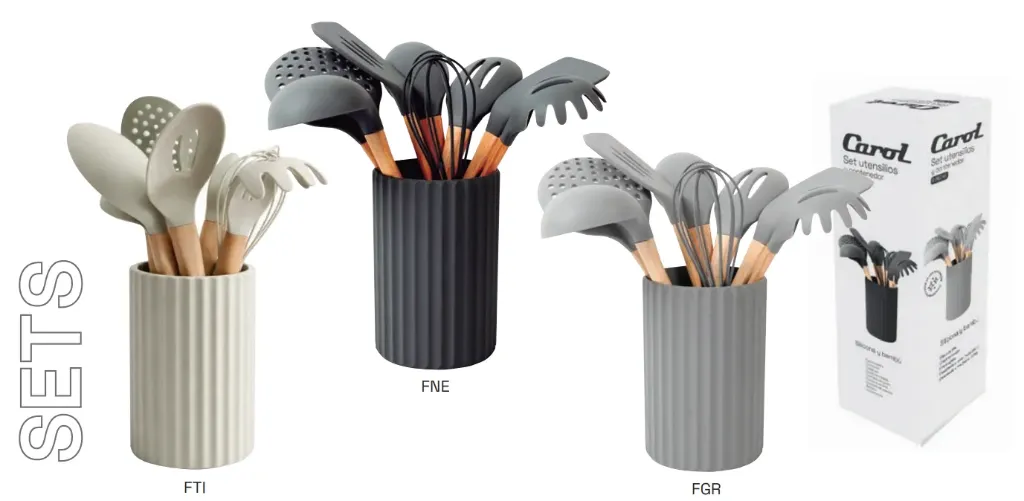 🔴UTENSILIOS SET 9 PZ SILICONA MANGO MADERA CAROL (Negro)