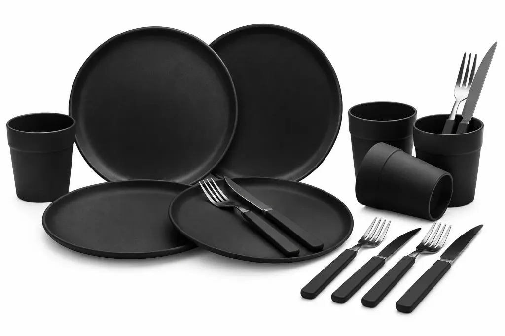 🔵Set x16 piezas: 4 platos + 4 vasos 300ml + 8 cubiertos Carol