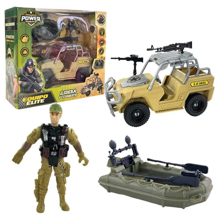 Set Militar Jeep y gomón con soldado y accesorios