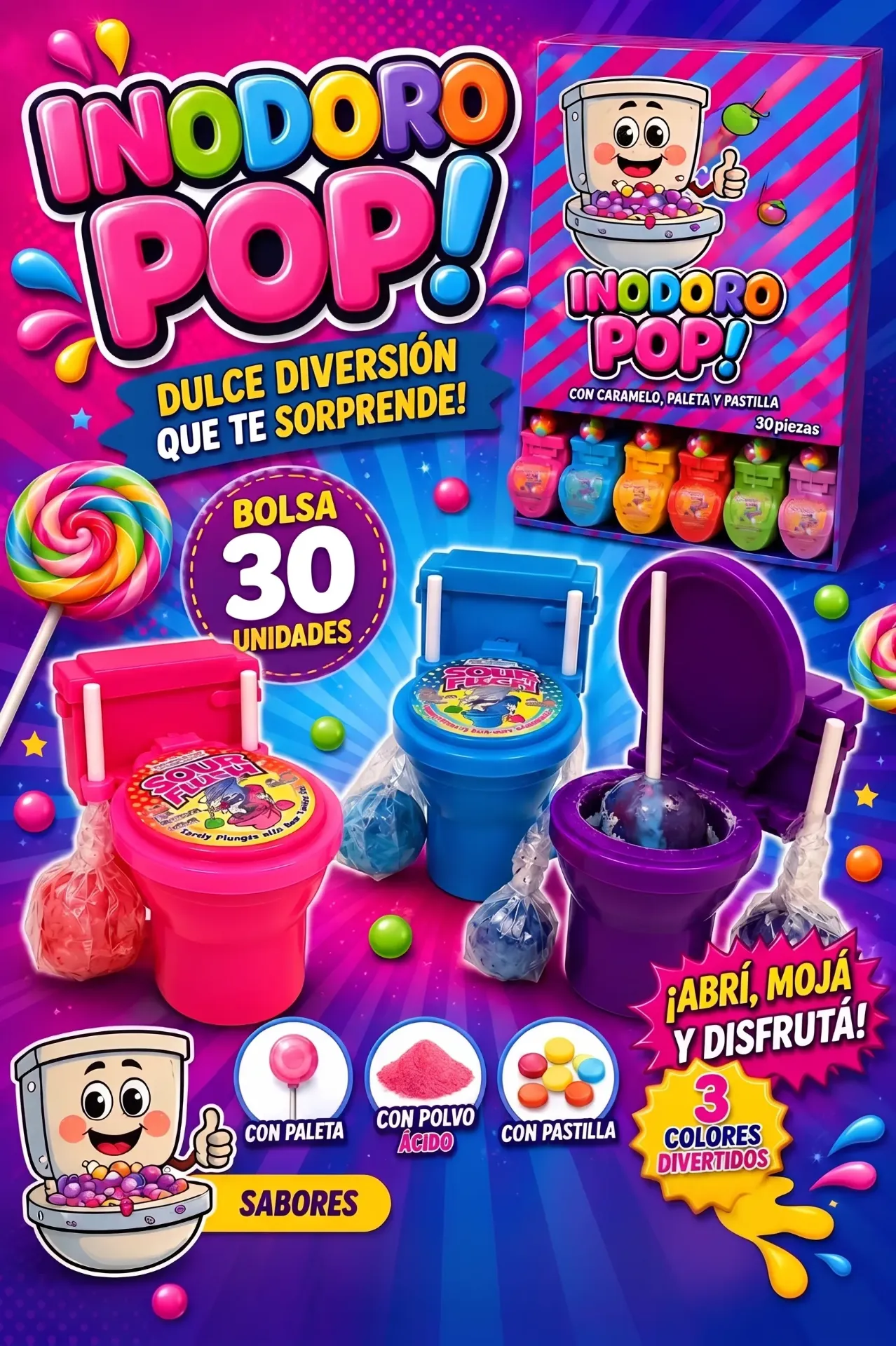 Inodoro pop chupetín con polvo ácido