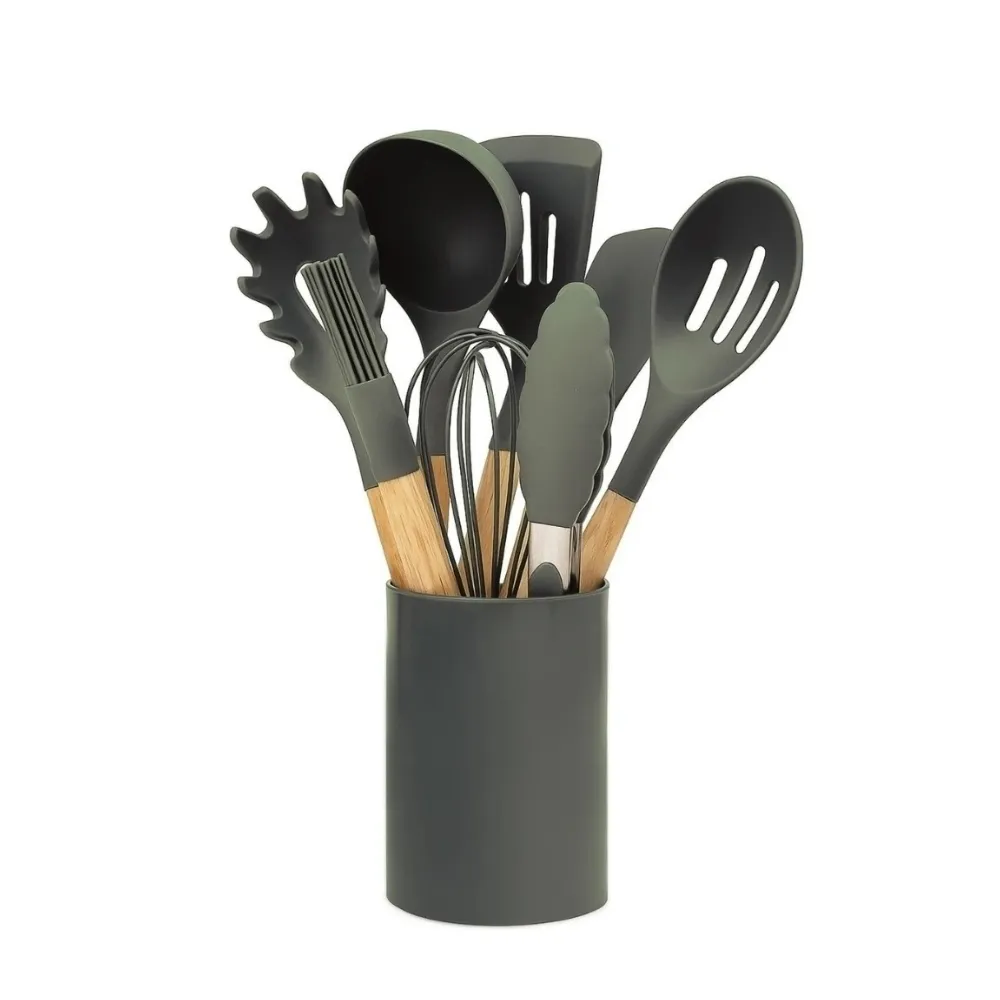 🔵Set x8 utensilios silicona con contenedor Carol (Verde)