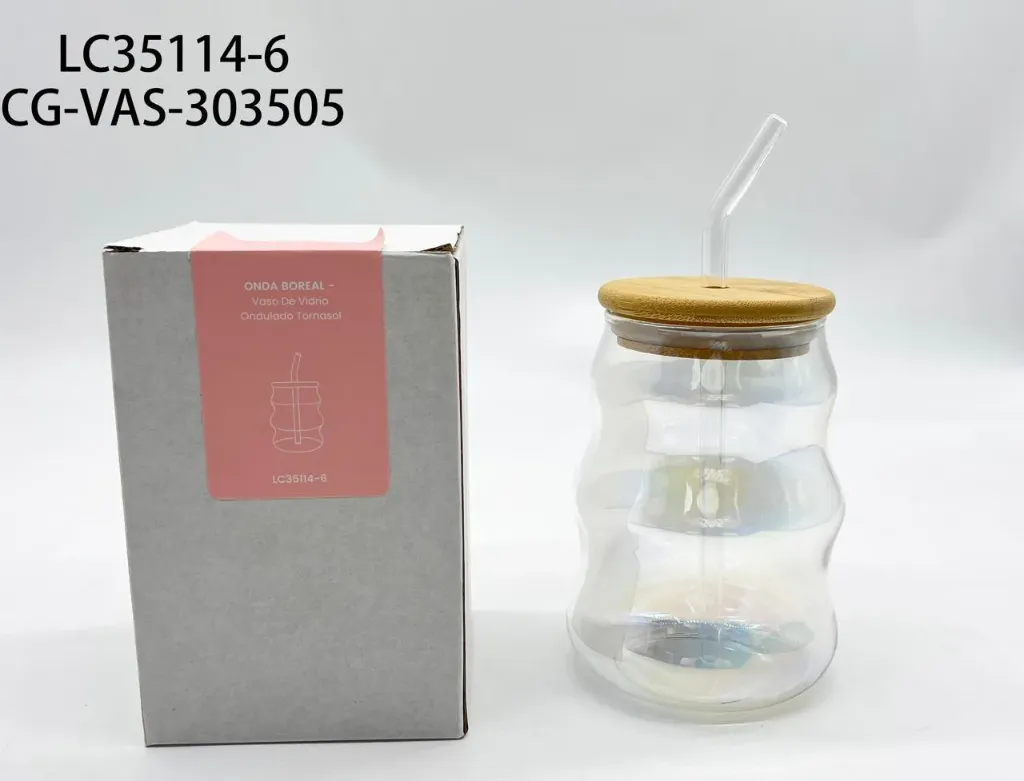 Vaso de vidrio ondulado tornasol con tapa y sorbete City Girl