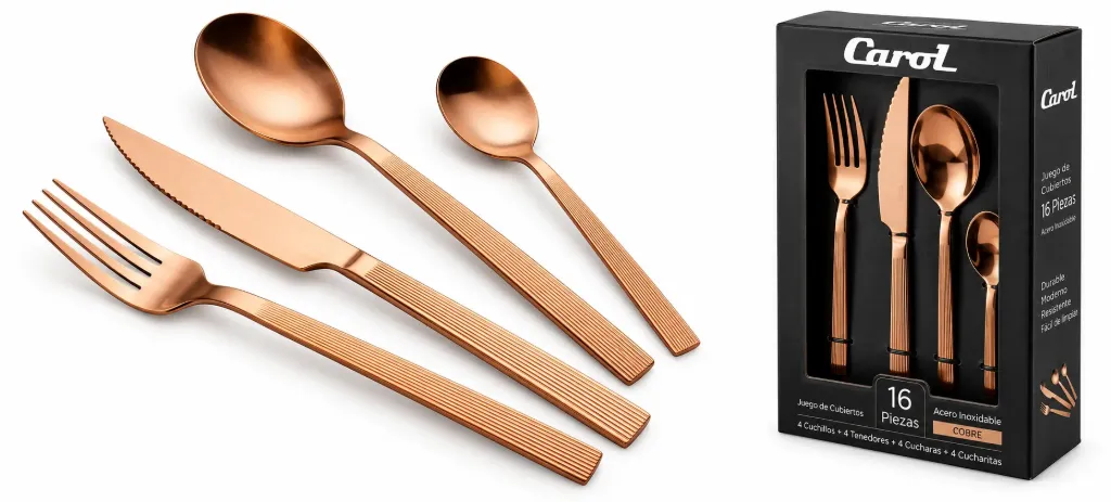 🔵Set cubiertos acero inoxidable cobre x 16 Carol