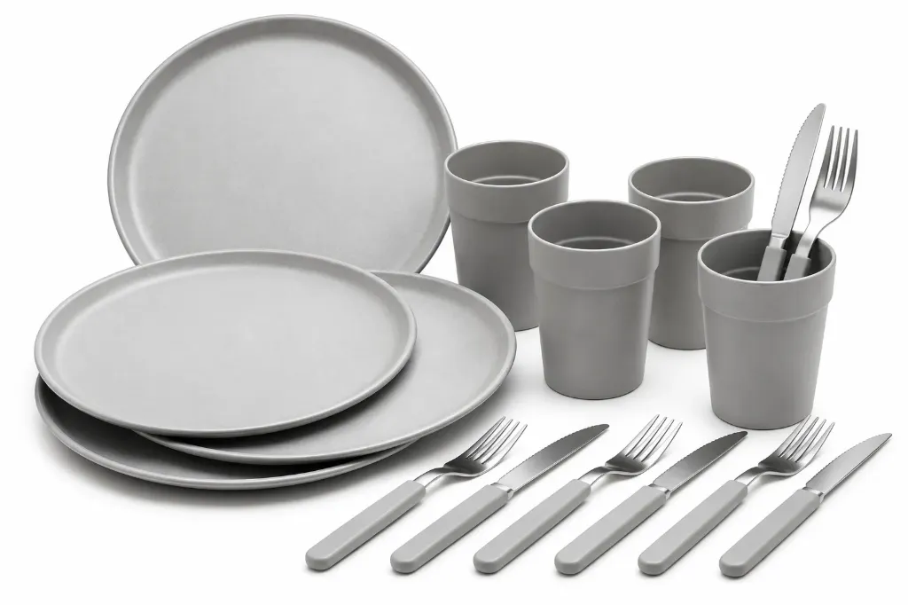 🔵Set x16 piezas: platos + vasos 420ml + cubiertos  Carol