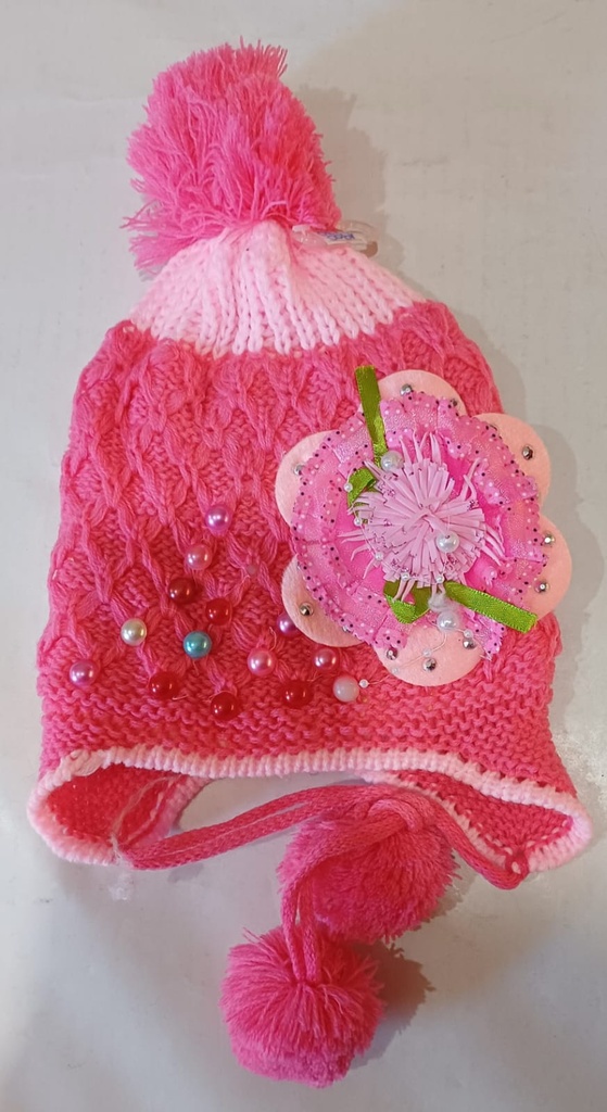 [ART1848] Gorro niña con perlas y flor, peludito por dentro